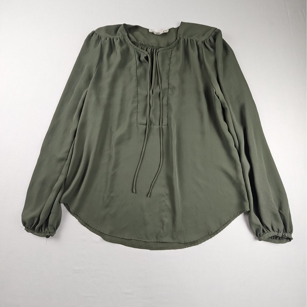 Women's Hippie Rose Twill Shirred Popover Shirt Blouse Size L  Olive Green
